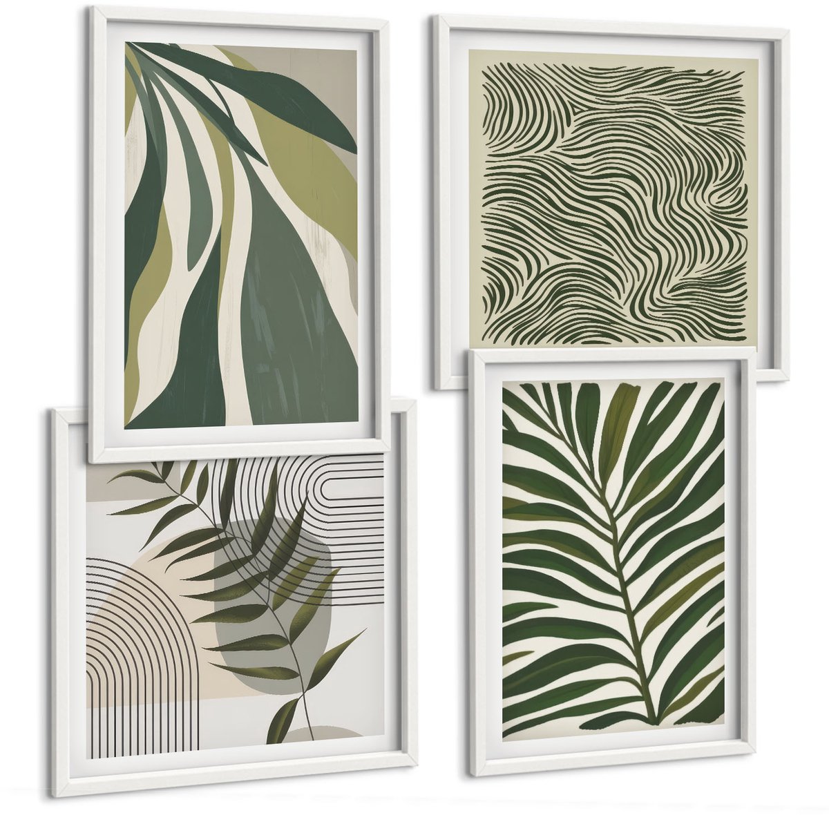 Tulup 4-Delige Schilderij Set - Bladpatronen en golvende lijnen in pastelillustraties - 40x40 en 40x60 - Muurdecoratie - Wanddecoratie - Slaapkamer - Woonkamer Decoratie