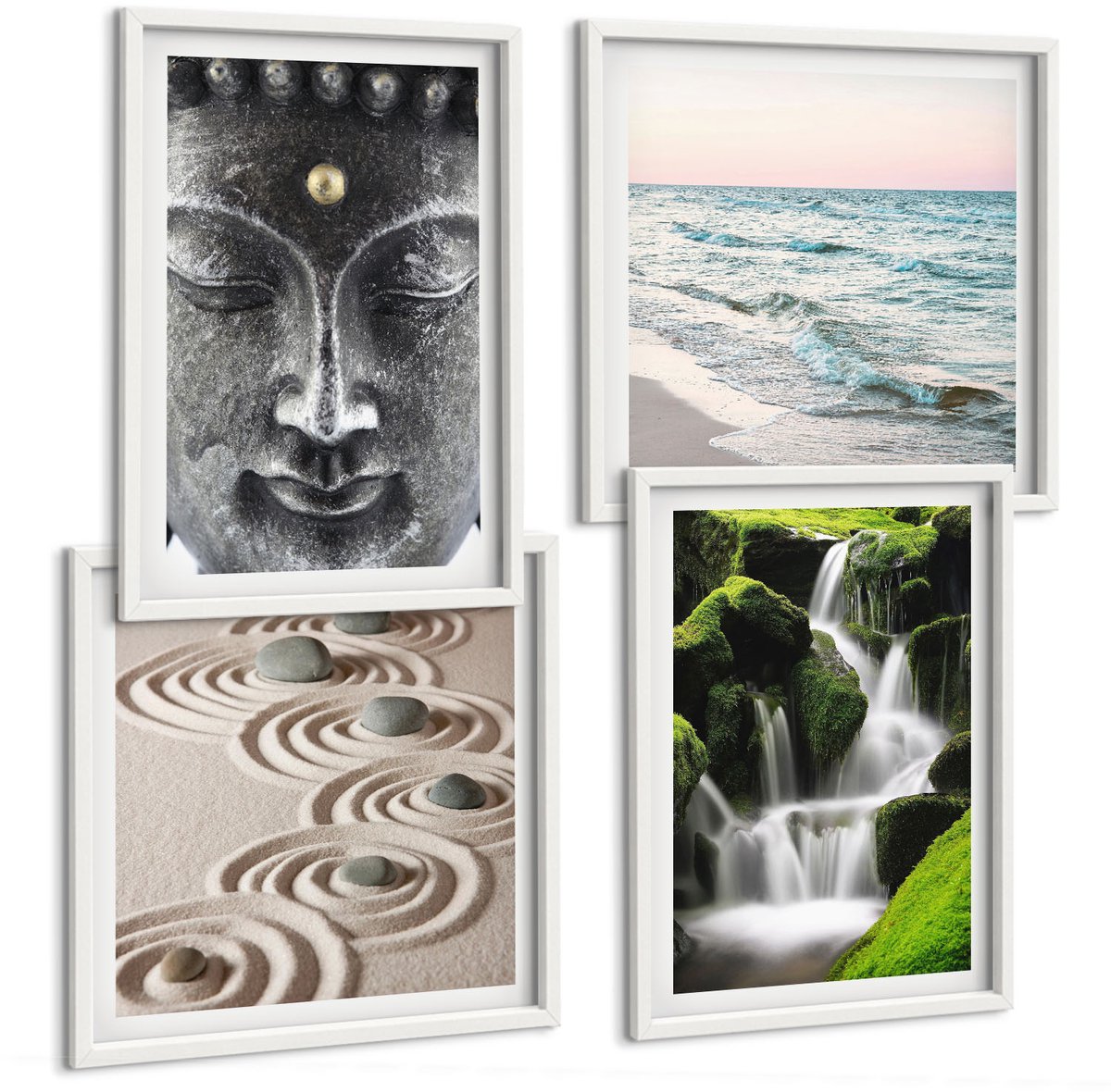 Tulup 4-Delige Schilderij Set - Rust van de natuur met stenen, een waterval en een Boeddha. - 40x40 en 40x60 - Muurdecoratie - Interieur Decoratie - Woonkamer Decoratie