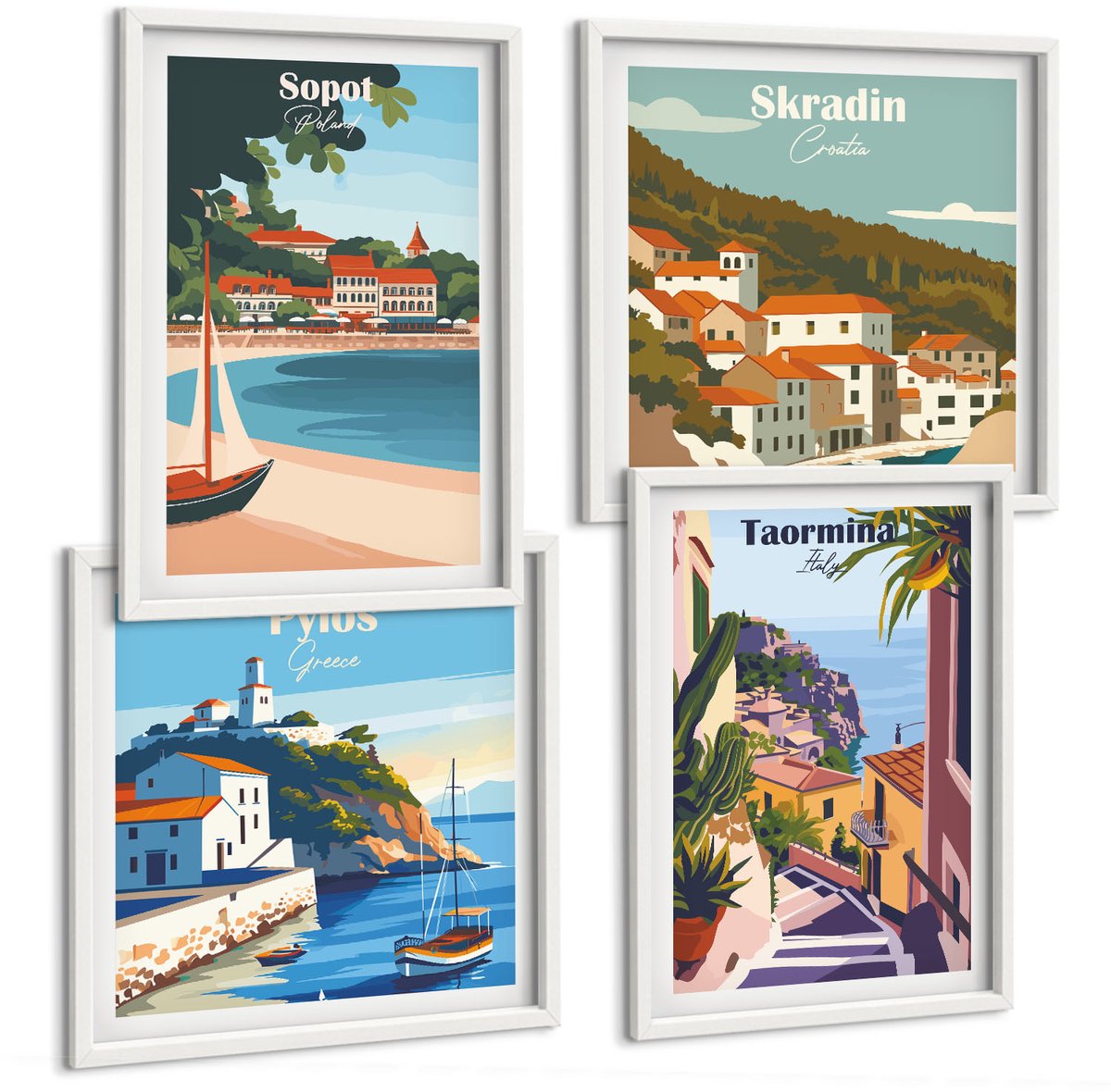 Tulup 4-Delige Schilderij Set - Uitzichten op kuststeden in stijlvolle illustraties - 40x40 en 40x60 - Schilderijen Set - Wanddecoratie - Woonkamer - Decoratieve Schilderijen