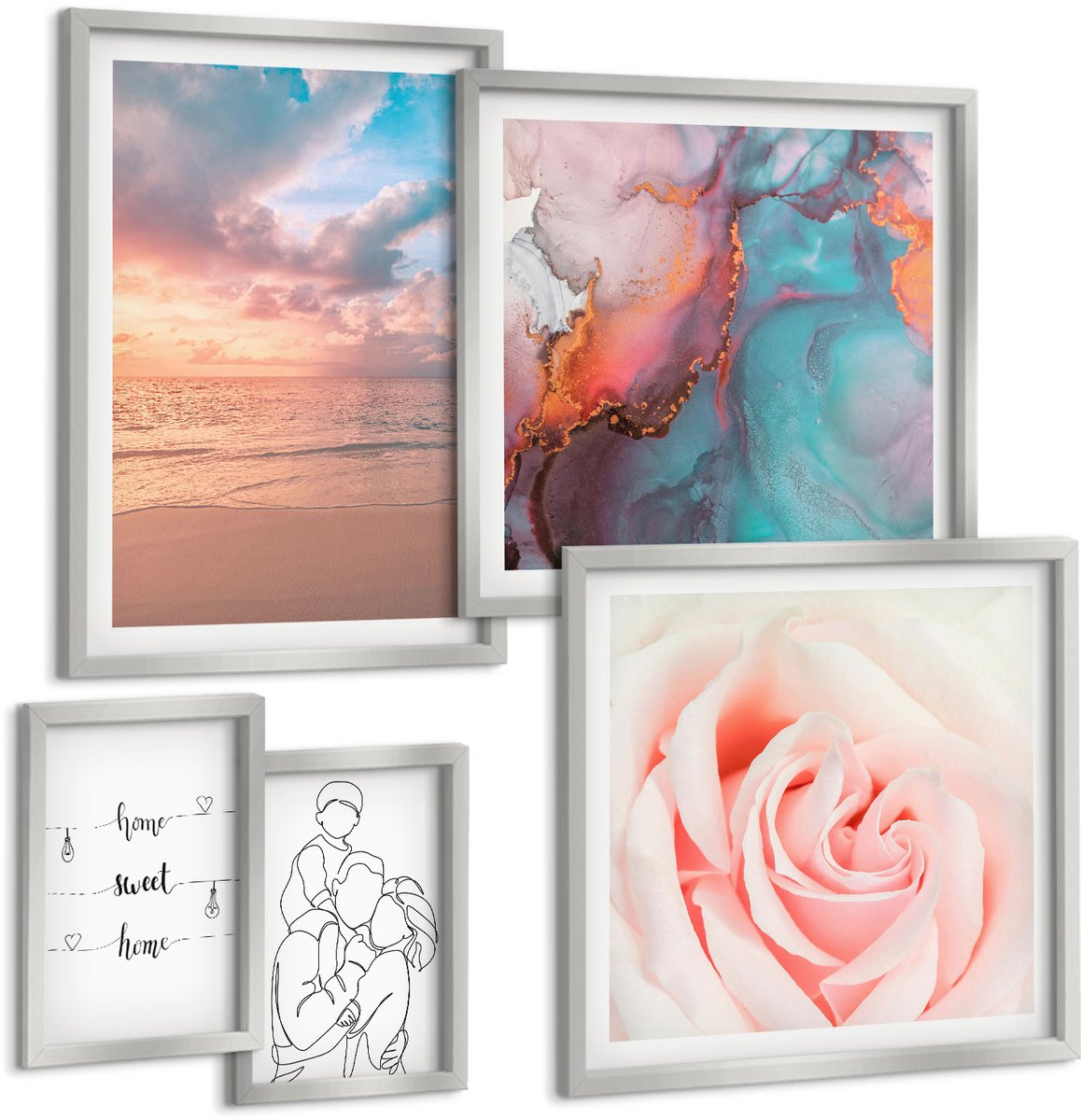 TULUP 4-Delige Schilderij Set - Zeegezichten, romantische motieven en delicate lijnen - 50 x 50 cm, 20 x 30 cm en 40 x 60 cm - Stijlvolle Muurdecoratie - Slaapkamer - Wanddecoratie Zilveren lijst