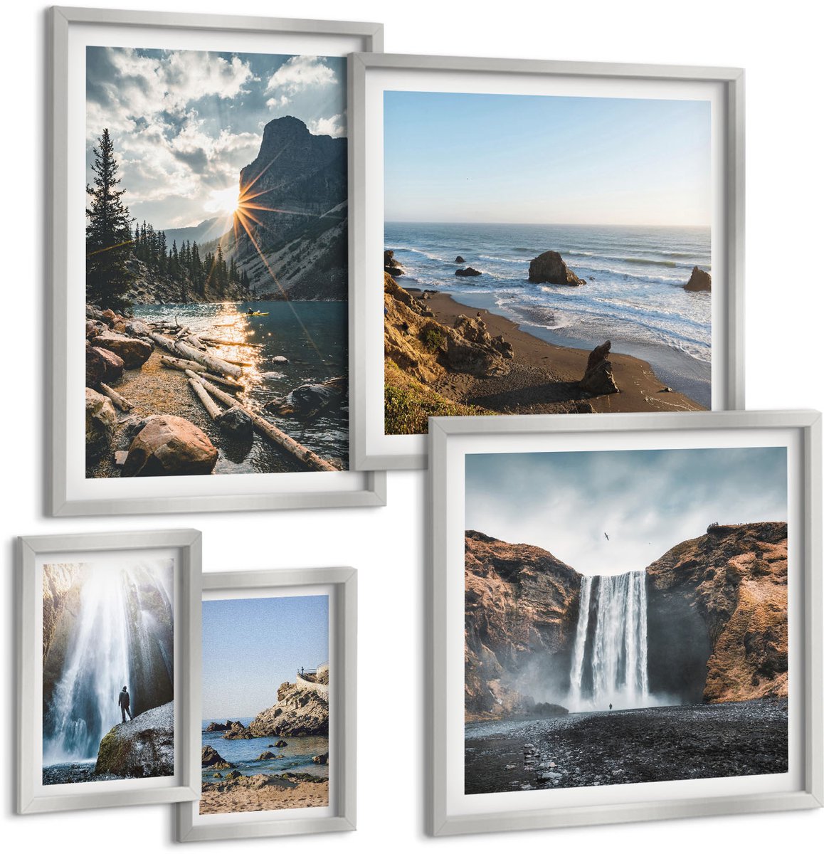TULUP 4-Delige Schilderij Set - Natuurlandschappen met watervallen en pittoreske stranden - 50 x 50 cm, 20 x 30 cm en 40 x 60 cm - Stijlvolle Muurdecoratie - Kantoor - Decoratieve Schilderijen Zilveren lijst