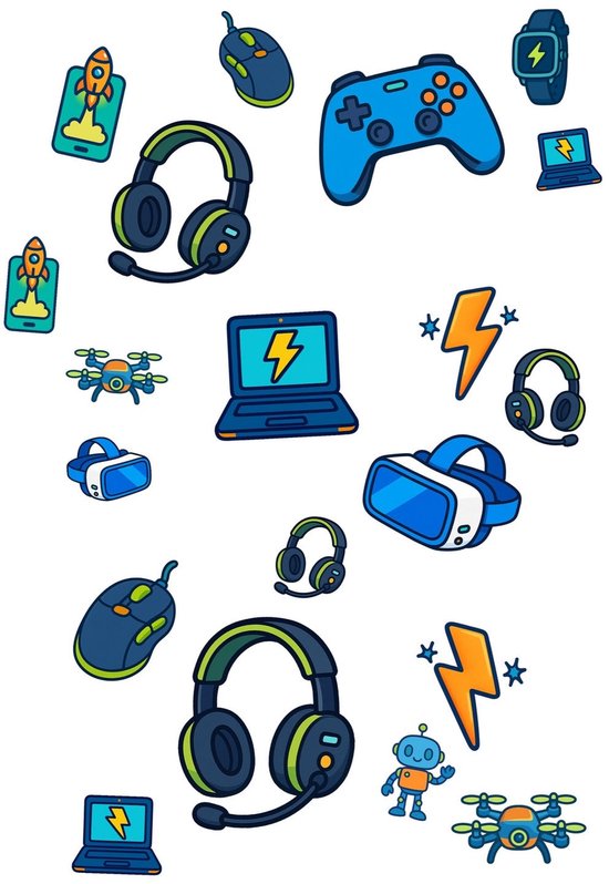 Illustratie met game-accessoires, laptops, VR-brillen, drones, koptelefoons, muizen, gamepads, raketten, bliksemschichten en robots.