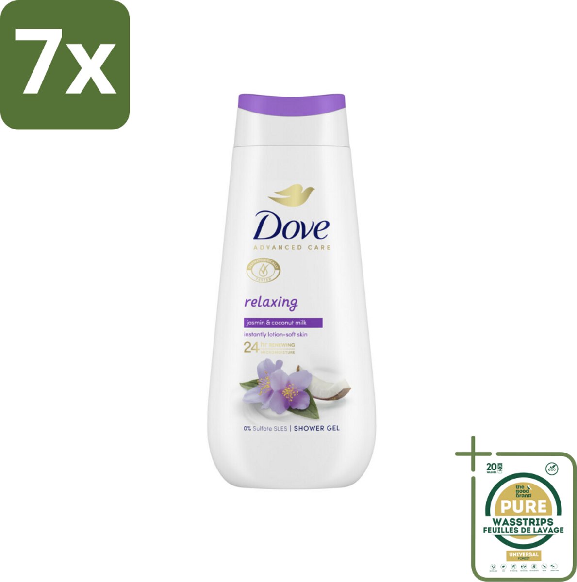 7 x Dove Douchecrème - Relaxing - Kokos & Jasmijn - 225 ml - Grootverpakking - Douchegel - Hydraterend - Ontspannen Douche - Jasmijn Geur - Kokosmelk