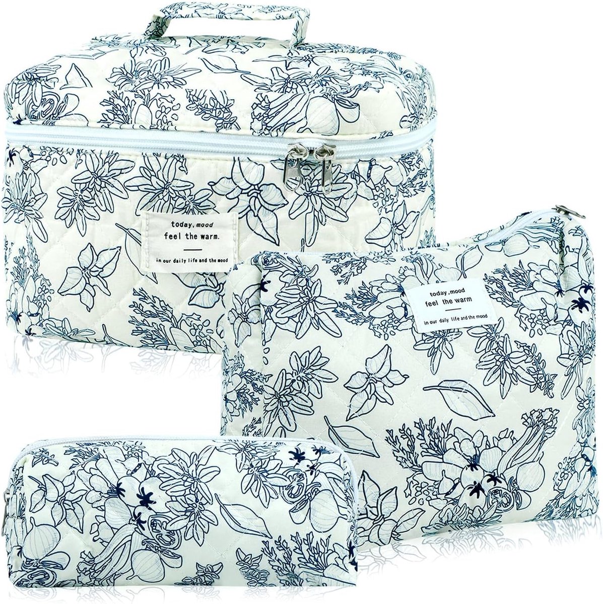 Toilettas dames 3-delig - gewatteerd katoen - bloemenpatroon - perfecte reistas voor make-up - ShopVlot