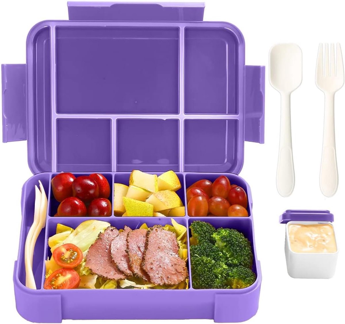 Lunchbox 1300 ml - BPA-vrije Bento Box met 5 Vakken - Lekkagevrije Broodtrommel voor School - Geschikt voor Magnetron en Vaatwasser - Voor Jongens en Meisjes - Paars