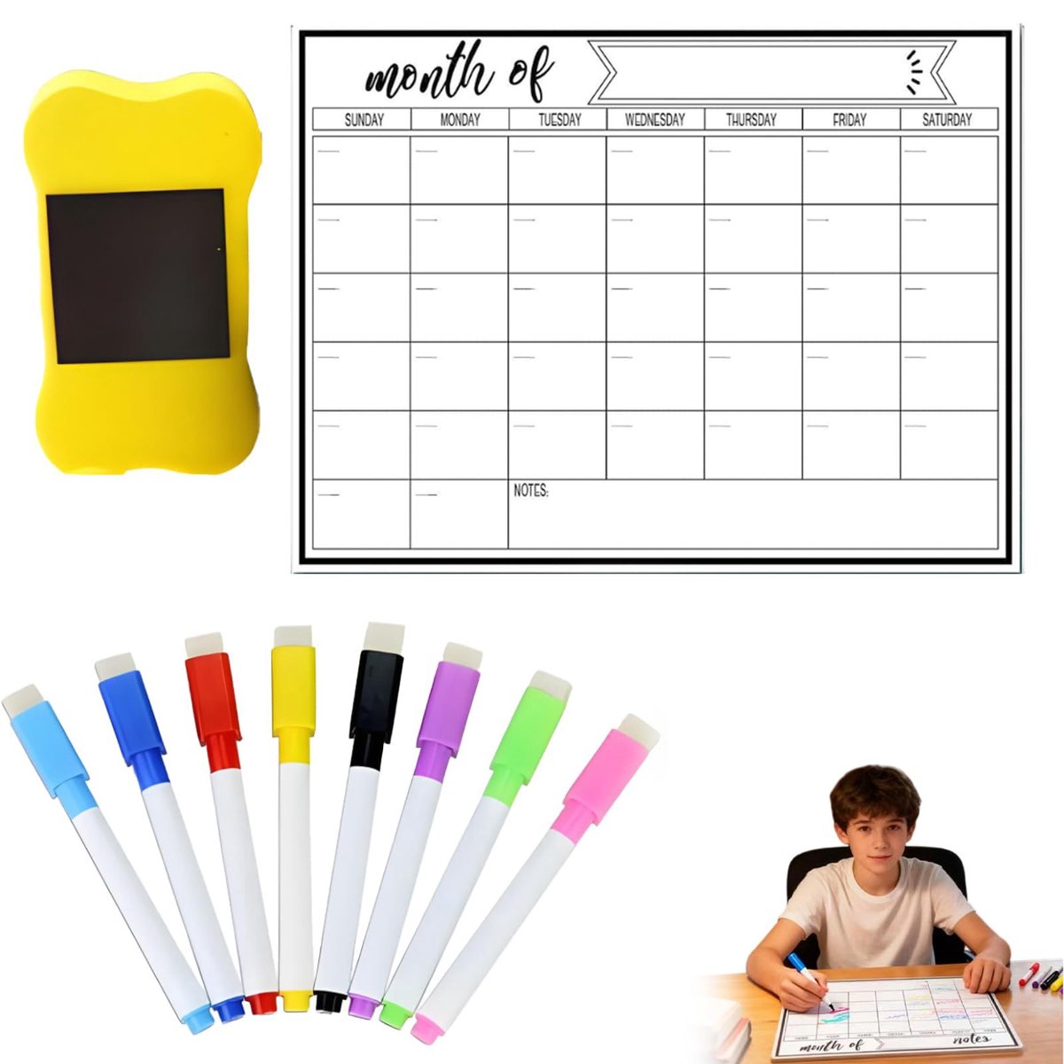 Magnetische droogwis kalender 28x21 cm - herbruikbaar - met 8 stiften en wisser - perfect voor gezinsplanning - ShopVlot