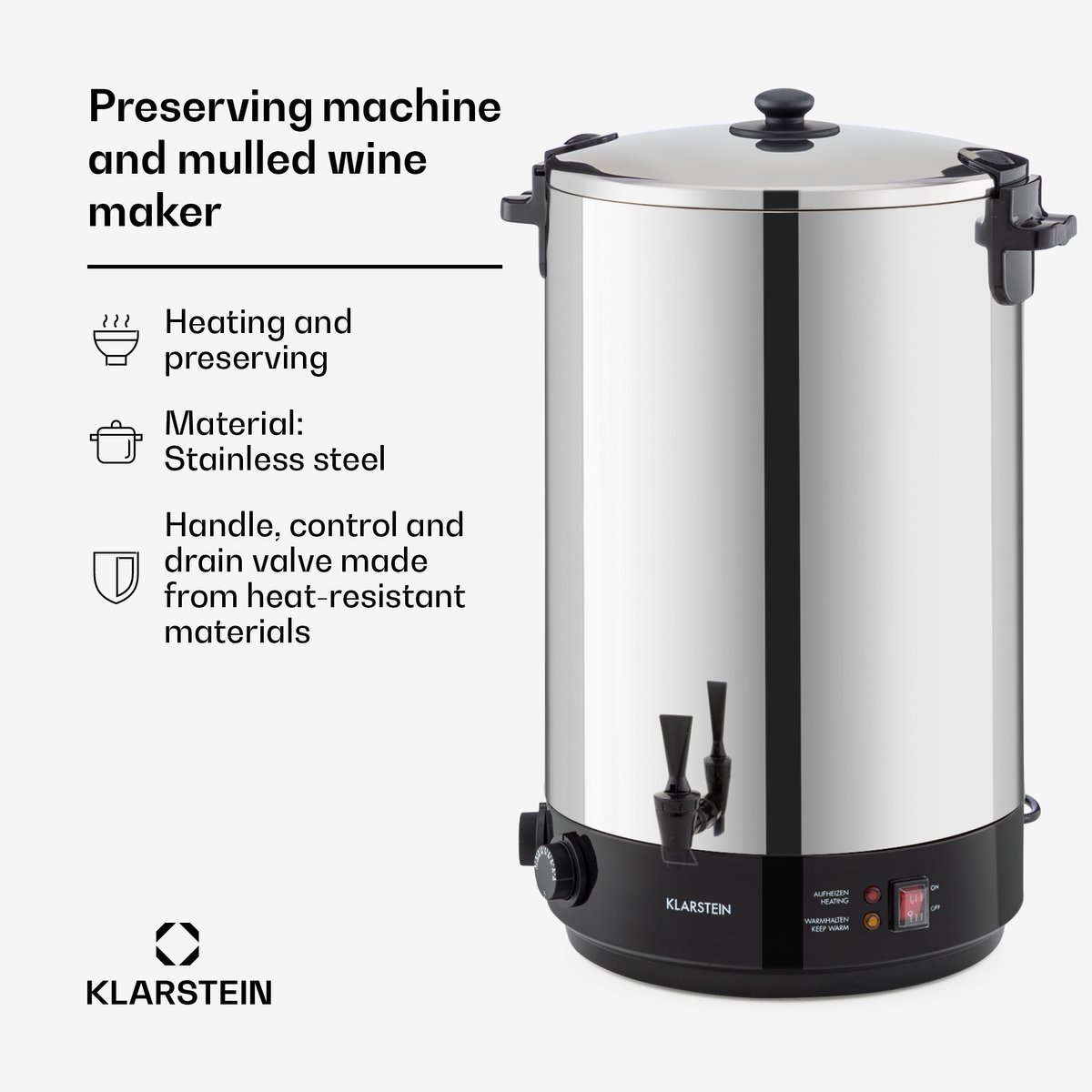 Klarstein KonfiStar 50 Inmaakketel - Wecktoestel, Warme-drankendispenser, Grootte: 50 liter, 30-110 °C, Timer: 20-120 min, Warmhoudfunctie, smaakecht, Gepolijst roestvrij staal