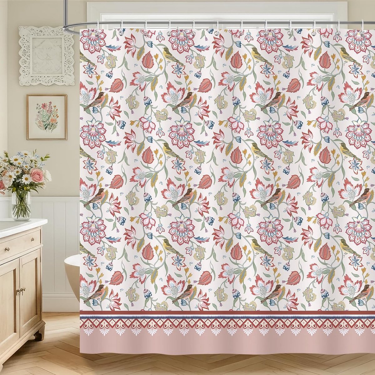 Douchegordijn 180 x 180 cm - Vintage bloemen en vogels - Waterdicht polyester - Creëert een gezellige sfeer - ShopVlot