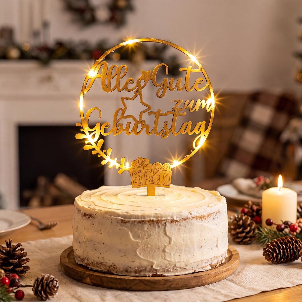 Taarttopper verjaardag - houten decoratie - Happy Birthday met led-lichtketting - herbruikbaar voor feesten - ShopVlot