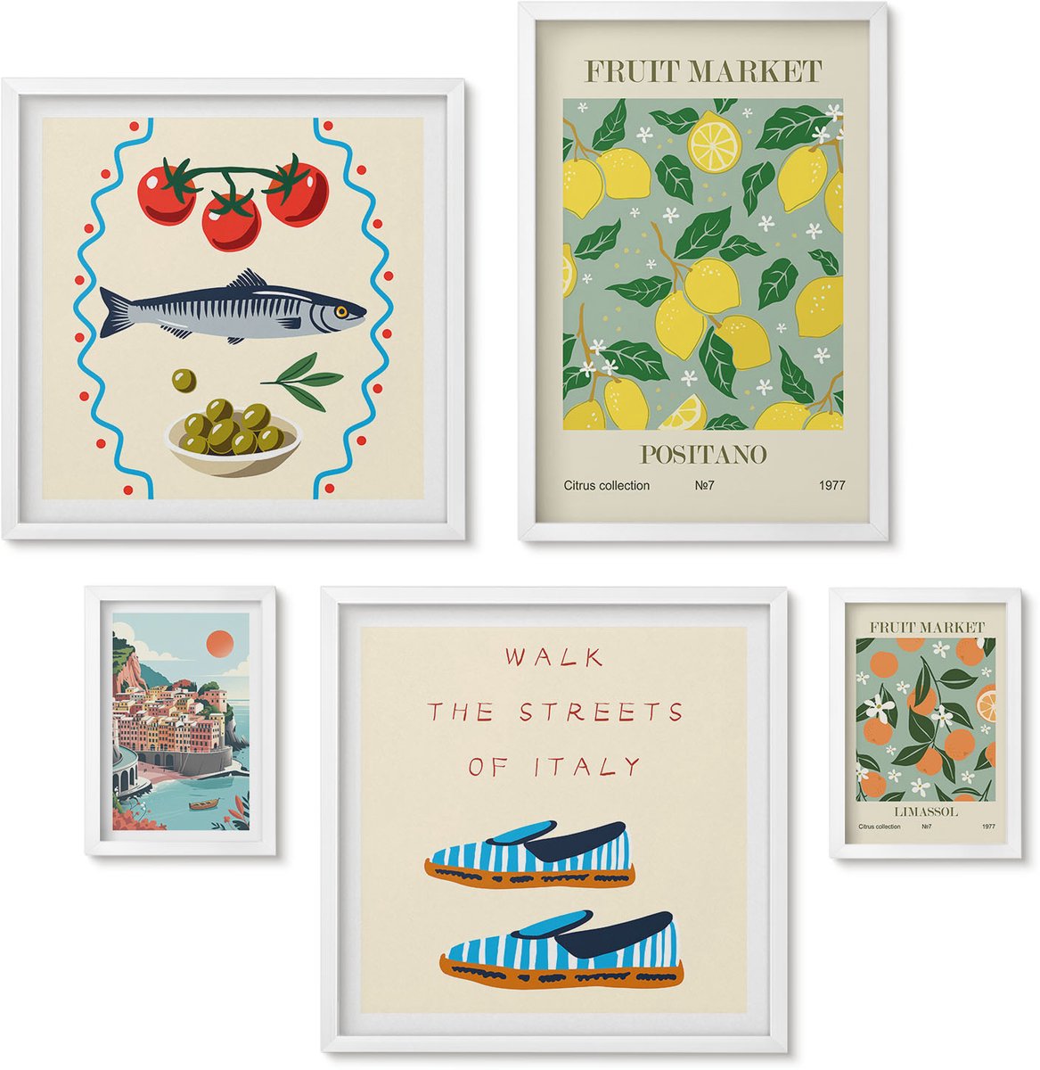 Wallfluent 5-Delige Schilderij Set - Verzameling Van Fruit En Lokale Markten Uit Italië En Het Middellandse Zeegebied - 50 x 50 cm, 20 x 30 cm En 40 x 60 cm - Muurdecoratie - Wanddecoratie - Hal - Woonkamer Decoratie