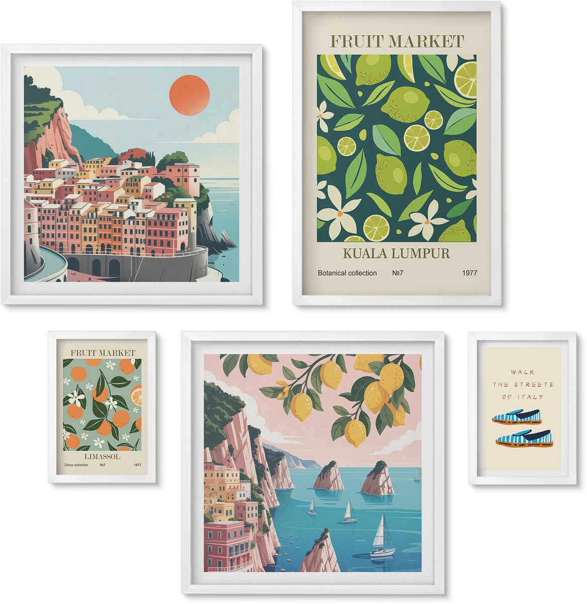 Wallfluent 5-Delige Schilderij Set - Tropische Vruchten En Uitzichten Vanaf Vakantiebestemmingen - 50 x 50 cm, 20 x 30 cm En 40 x 60 cm - Wanddecoratie - Schilderijen Set - Interieur - Moderne Wanddecoratie