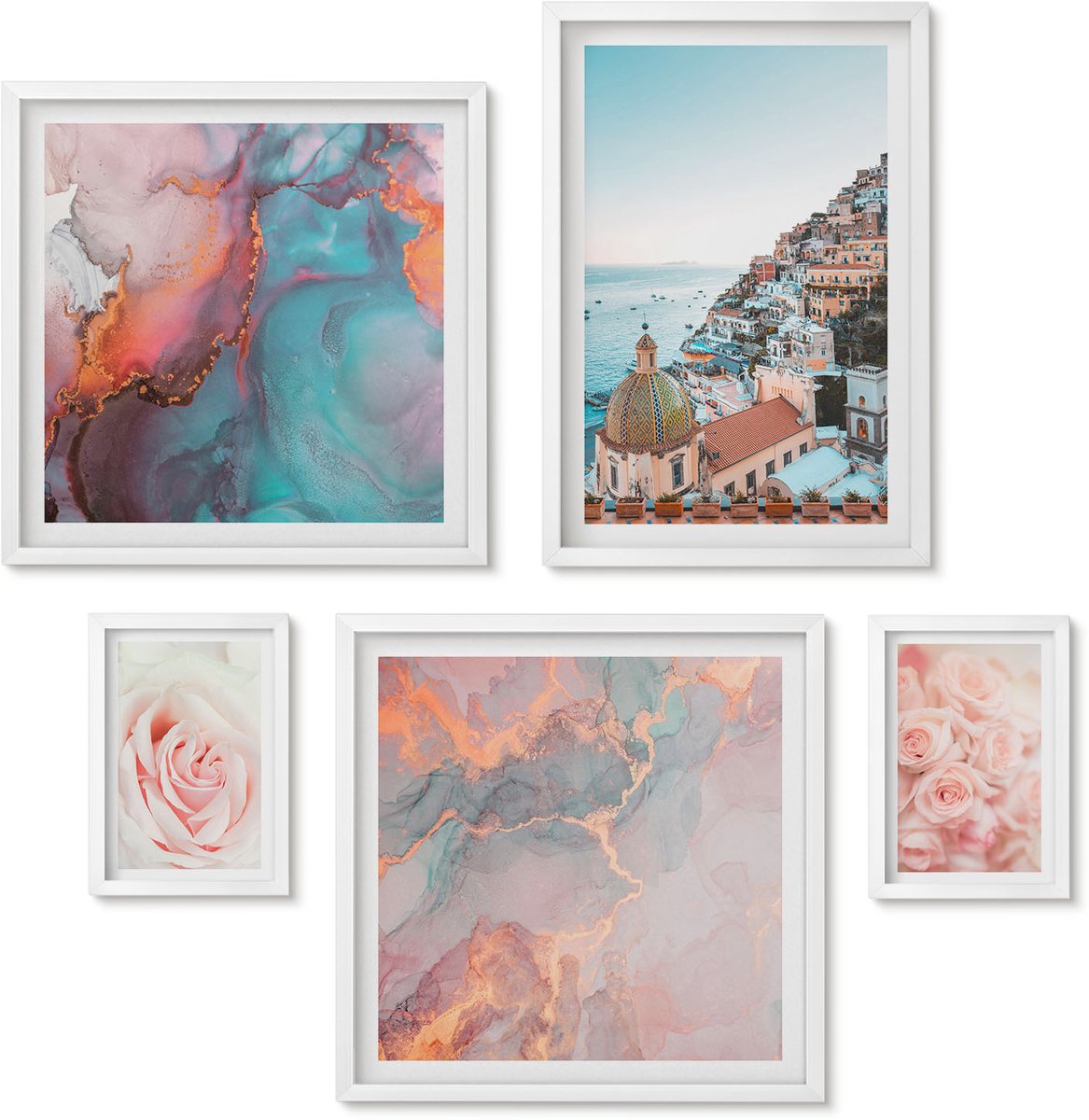Wallfluent 5-Delige Schilderij Set - Romantische Landschappen Met Rozen En Pastelkleuren - 50 x 50 cm, 20 x 30 cm En 40 x 60 cm - Stijlvolle Muurdecoratie - Kantoor