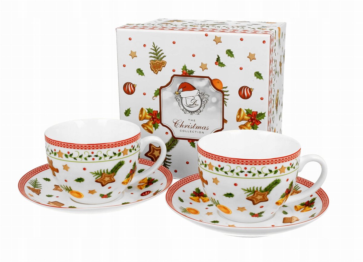 Porseleinen Mokkenset 280ml met Schotels - Zoete Kerst