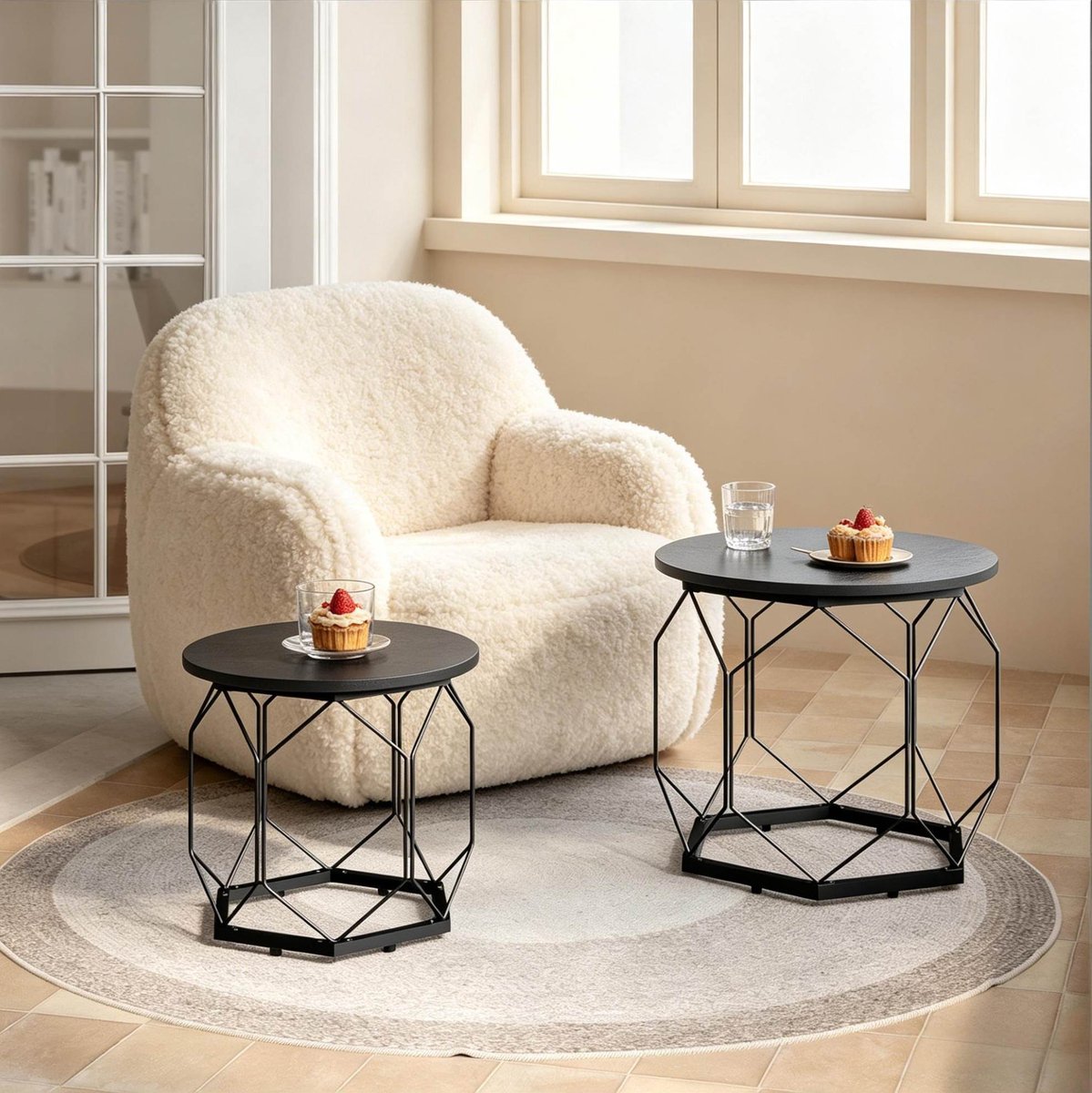 Wishdor Set van 2 bijzettafels - Rond design met opbergruimte en afneembare tafelbladen - Metaal en hout - Modern voor woonkamer - Zwart - 50 en 40 cm