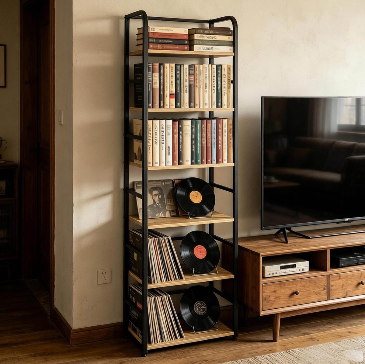 Wishdor Boekenkast - Open 6-laags stellingkast - Mdf en metaal - Zwart en lichte eik - 50 x 30 x 176 cm - Voor boeken en planten