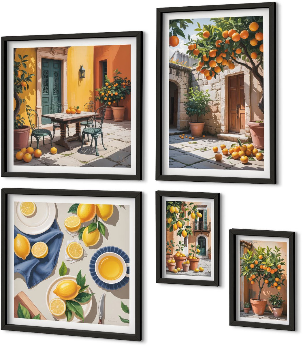Coloray 5-Delige Schilderij Set - Citrusvruchten In Zonnige Tuinen En Op Terrassen - 50 x 50 cm, 20 x 30 cm En 40 x 60 cm - Moderne Wanddecoratie - Slaapkamer - Decoratieve Schilderijen Zwarte lijst