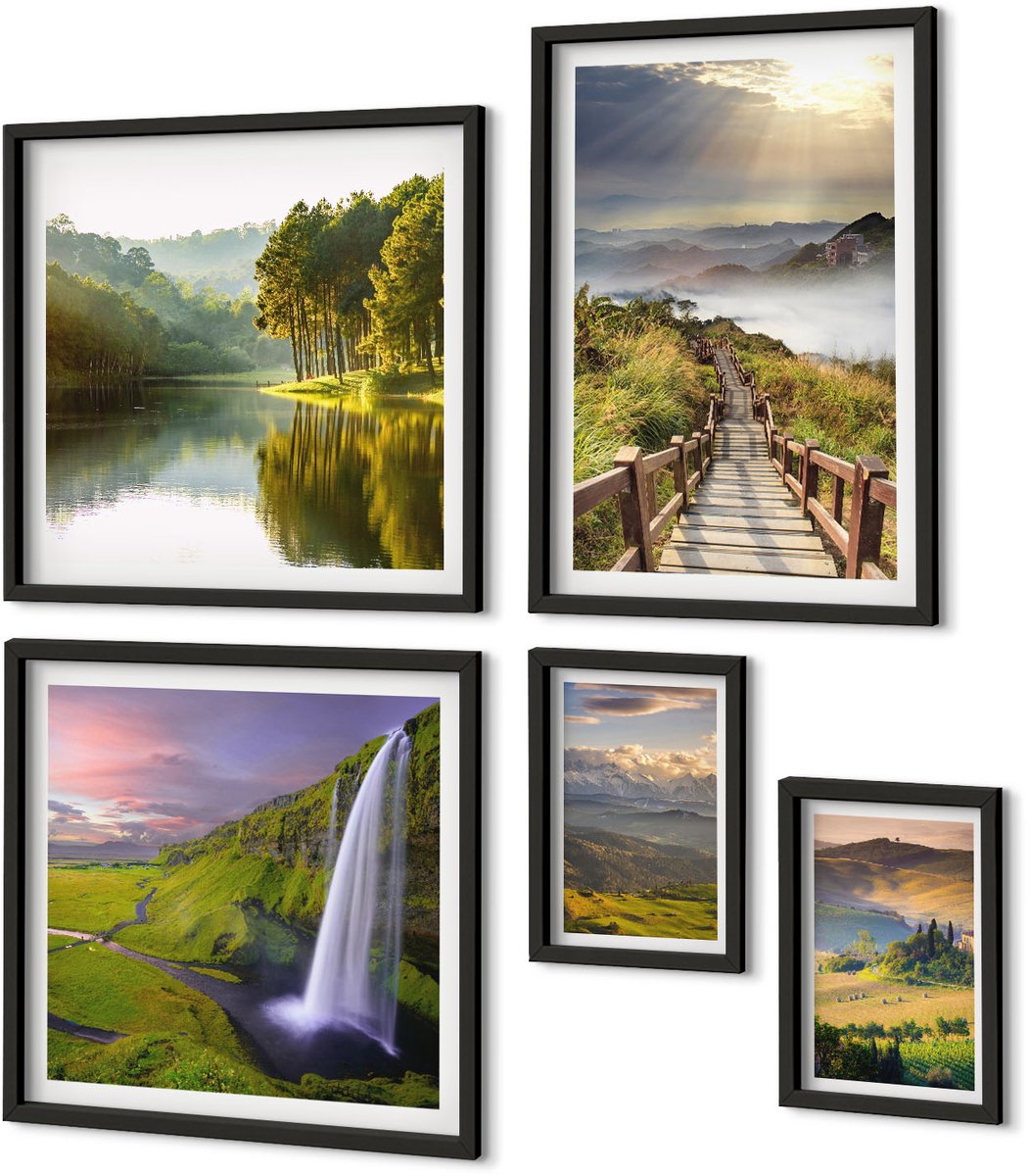 Coloray 5-Delige Schilderij Set - Natuurlijke Landschappen Met Watervallen En Uitzicht Op De Bergen - 50 x 50 cm, 20 x 30 cm En 40 x 60 cm - Decoratieve Schilderijen - Wanddecoratie - Hal Zwarte lijst