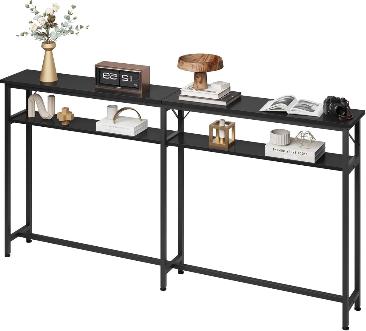 Haltafel -houten meubel achter de bank, 2 planken, metalen en houten paneel, voor woonkamer, hal, gang, modern en stevig-zwart-180x23x100cm