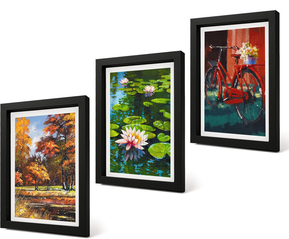 Coloray 4-Delige Schilderij Set - Herfstkleuren, lelievijver, fietsen op het terras - 20 x 30 cm - Decoratieve Schilderijen - Wanddecoratie - Hal - Moderne Wanddecoratie