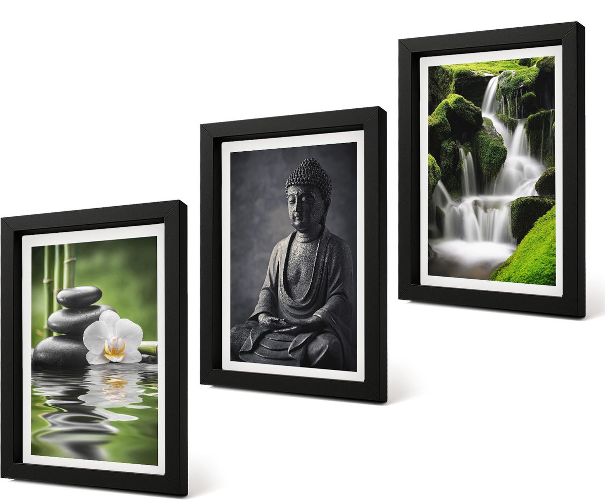 Coloray 4-Delige Schilderij Set - Rustgevende zen-afbeeldingen met water, stenen en Boeddha - 20 x 30 cm - Decoratieve Schilderijen - Wanddecoratie - Hal - Stijlvolle Muurdecoratie