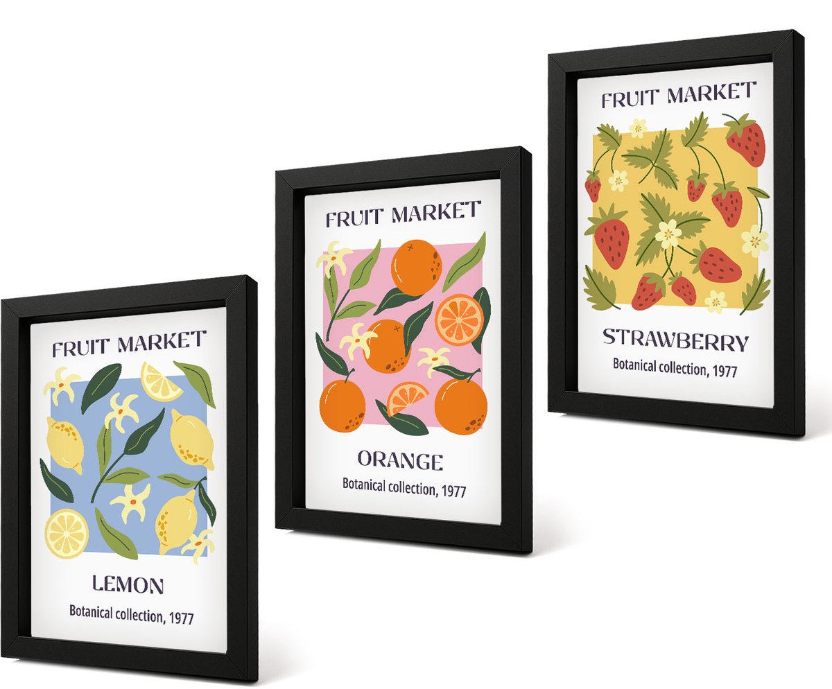 Coloray 4-Delige Schilderij Set - Fruitposters met citroenen, sinaasappels en aardbeien. - 20 x 30 cm - Muurdecoratie - Schilderijen Set - Woonkamer