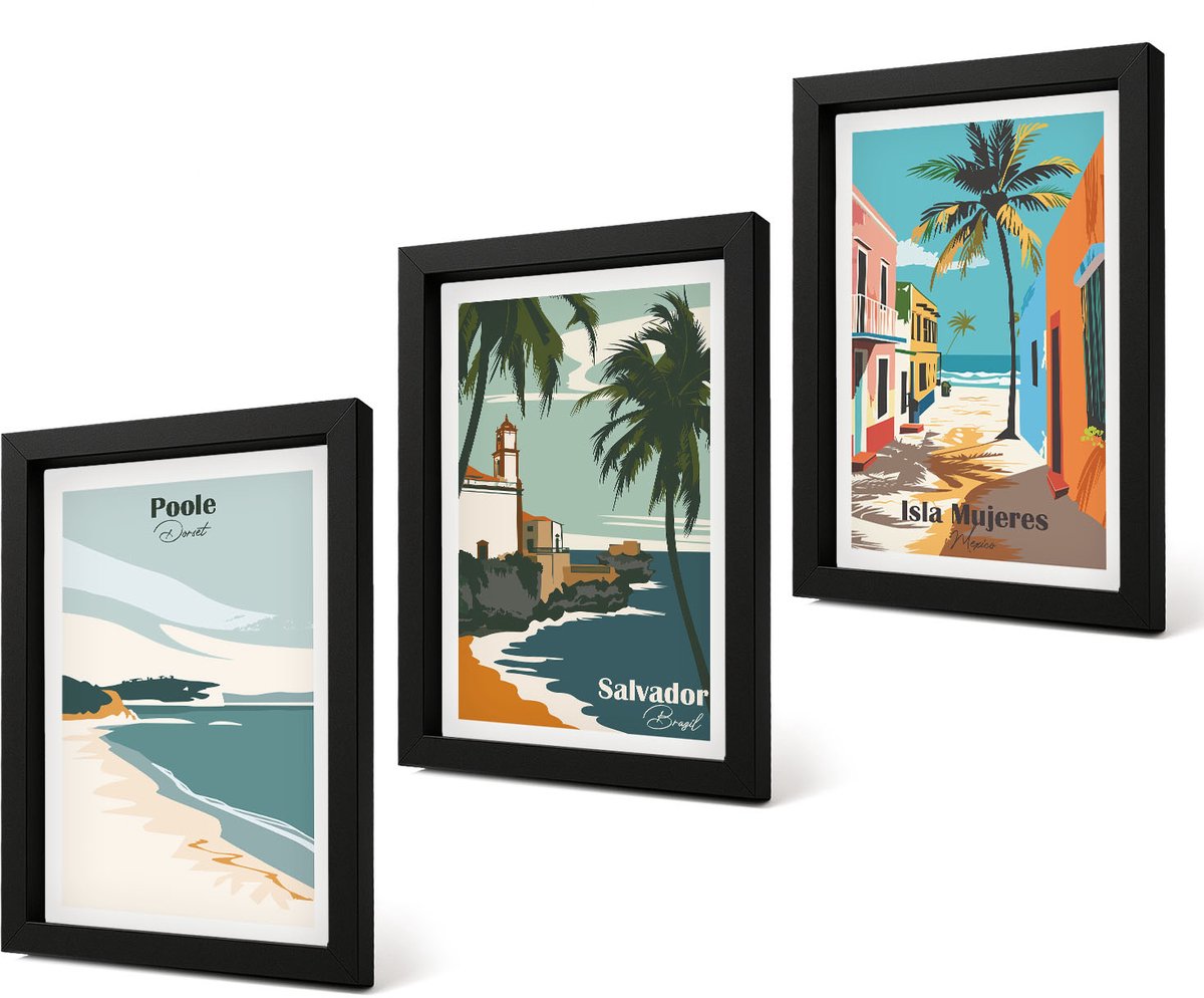 Coloray 4-Delige Schilderij Set - Tropische landschappen met stranden en palmbomen - 20 x 30 cm - Muurdecoratie - Wanddecoratie - Slaapkamer - Stijlvolle Muurdecoratie