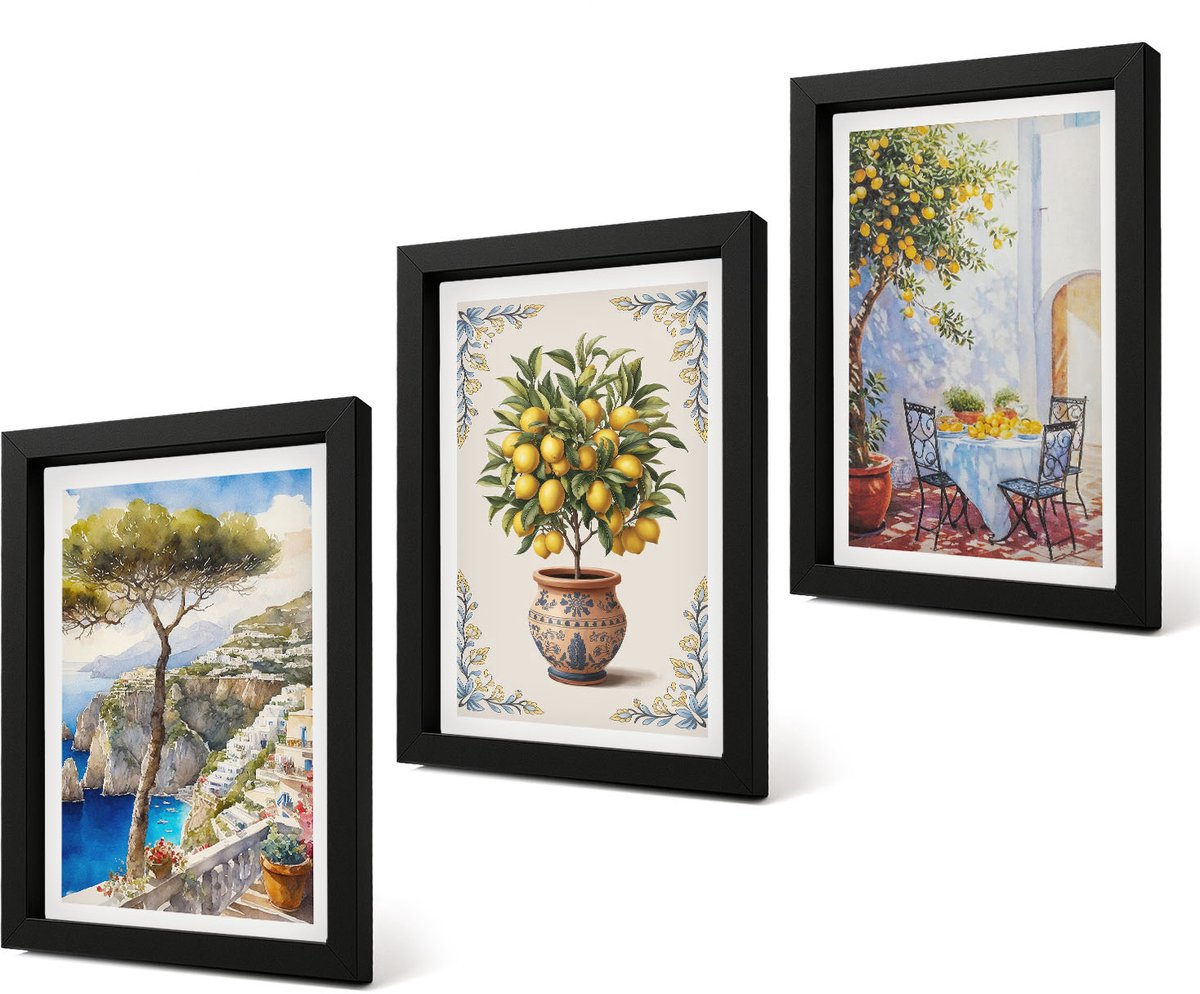 Coloray 4-Delige Schilderij Set - Zeezicht met citroenboom en tuintafel - 20 x 30 cm - Stijlvolle Muurdecoratie - Kantoor - Wanddecoratie