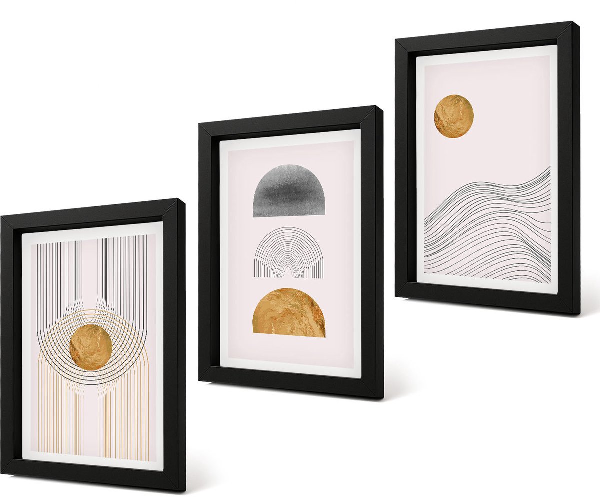 Coloray 4-Delige Schilderij Set - Abstracte vormen en lijnen in beige en grijze tinten. - 20 x 30 cm - Muurdecoratie - Wanddecoratie - Hal - Interieur Decoratie