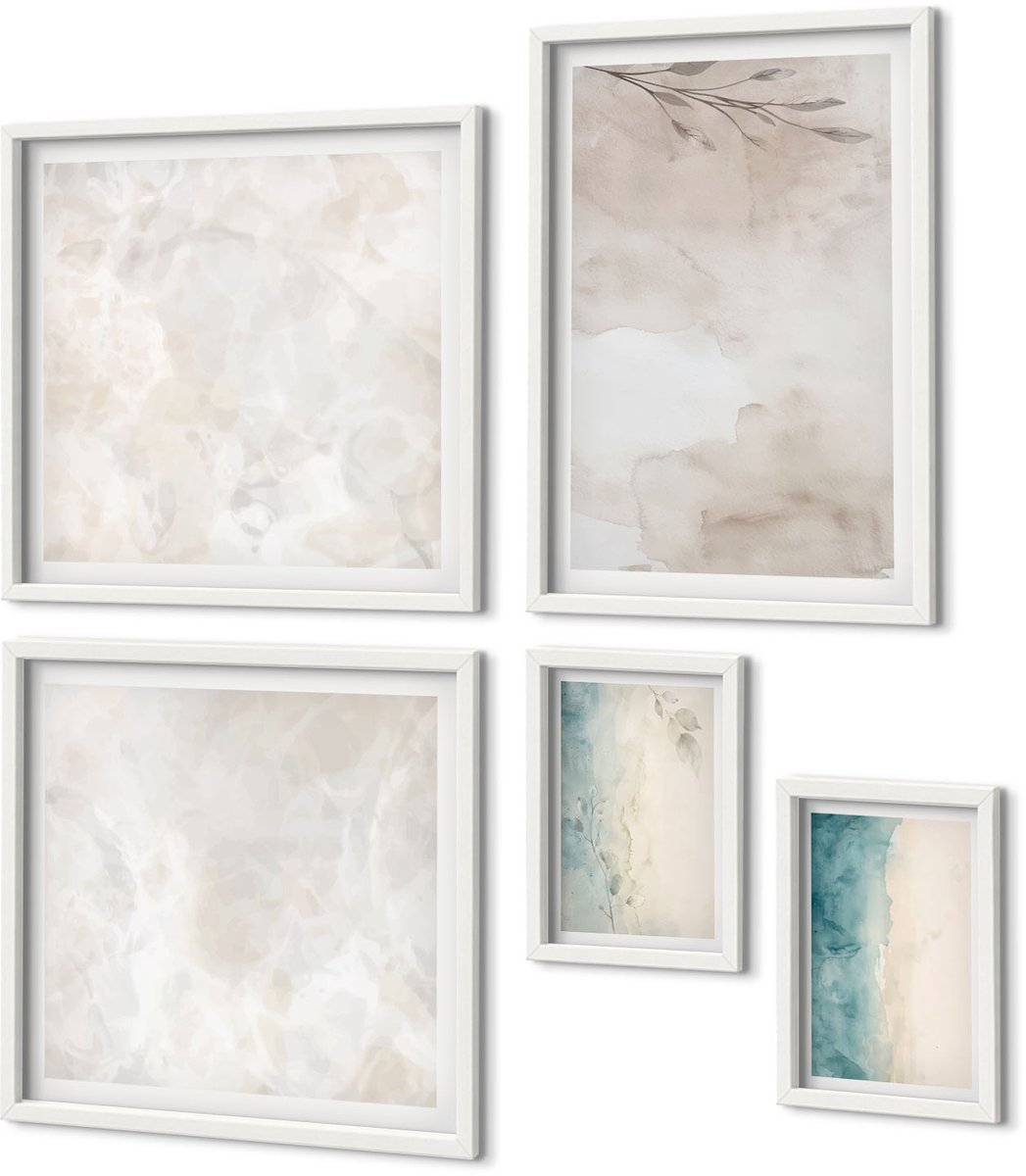 Coloray 5-Delige Schilderij Set - Subtiele Aquarelverftextuur - 50 x 50 cm, 20 x 30 cm En 40 x 60 cm - Decoratieve Schilderijen - Wanddecoratie - Hal - Interieur Decoratie