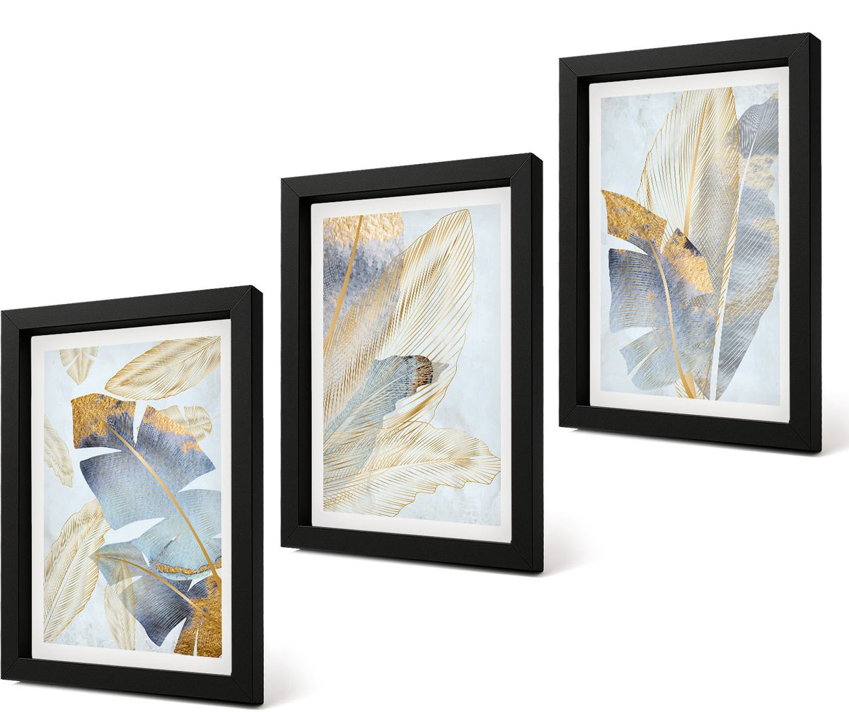 Coloray 4-Delige Schilderij Set - Bladeren in blauwe en beige tinten op een lichte achtergrond. - 20 x 30 cm - Decoratieve Schilderijen - Woonkamer - Interieur - Stijlvolle Muurdecoratie
