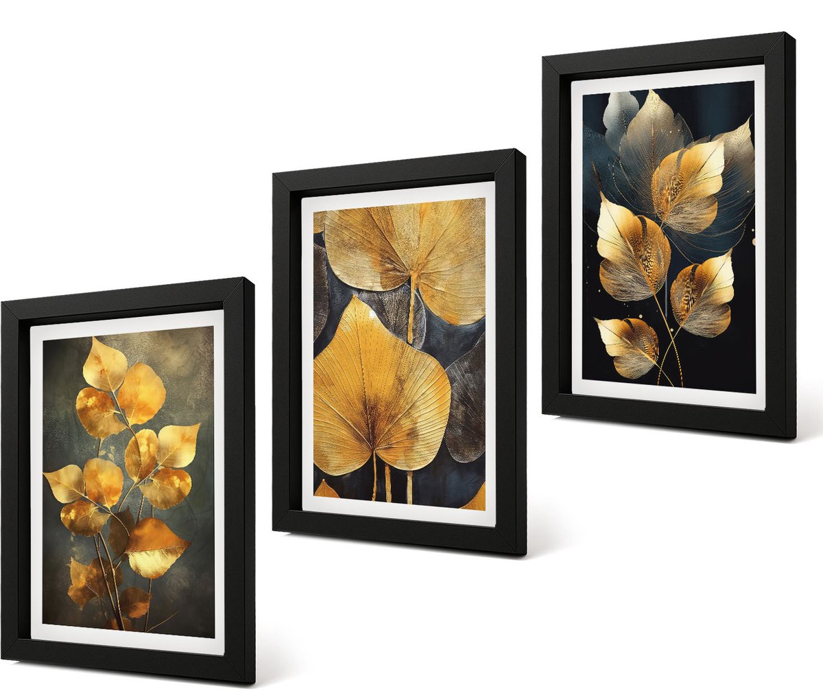 Coloray 4-Delige Schilderij Set - Bladeren in verschillende tinten geel op een donkere achtergrond - 20 x 30 cm - Moderne Wanddecoratie - Woonkamer - Stijlvolle Muurdecoratie