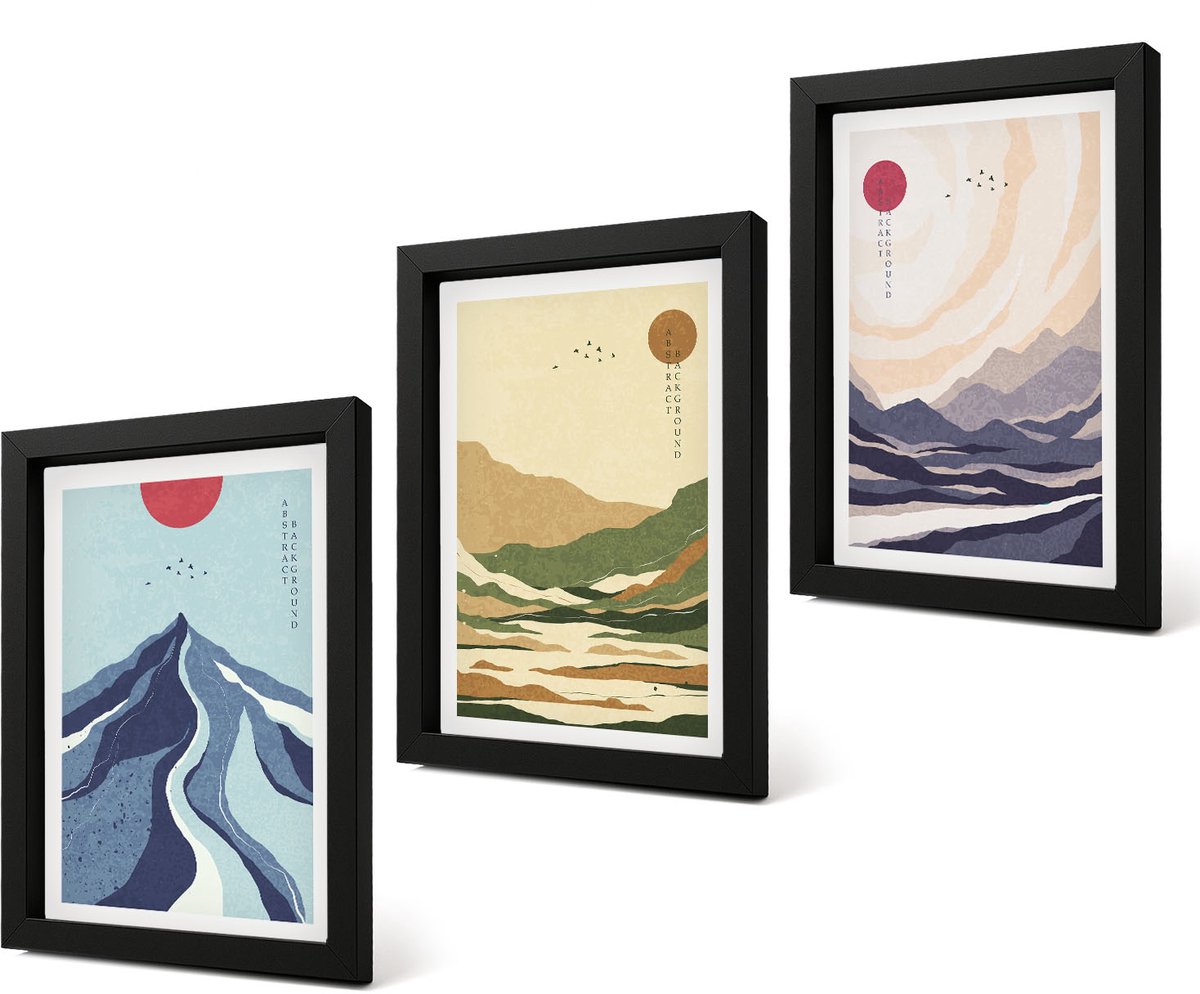 Coloray 4-Delige Schilderij Set - Bergen in pastelkleuren in Japanse stijl - 20 x 30 cm - Decoratieve Schilderijen - Wanddecoratie - Hal - Woonkamer Decoratie