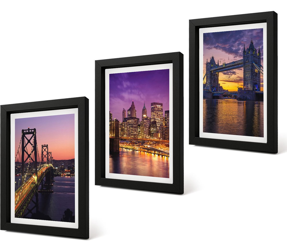 Coloray 4-Delige Schilderij Set - Bruggen bij zonsondergang en stedelijke landschappen - 20 x 30 cm - Stijlvolle Wanddecoratie - Interieur - Muurdecoratie