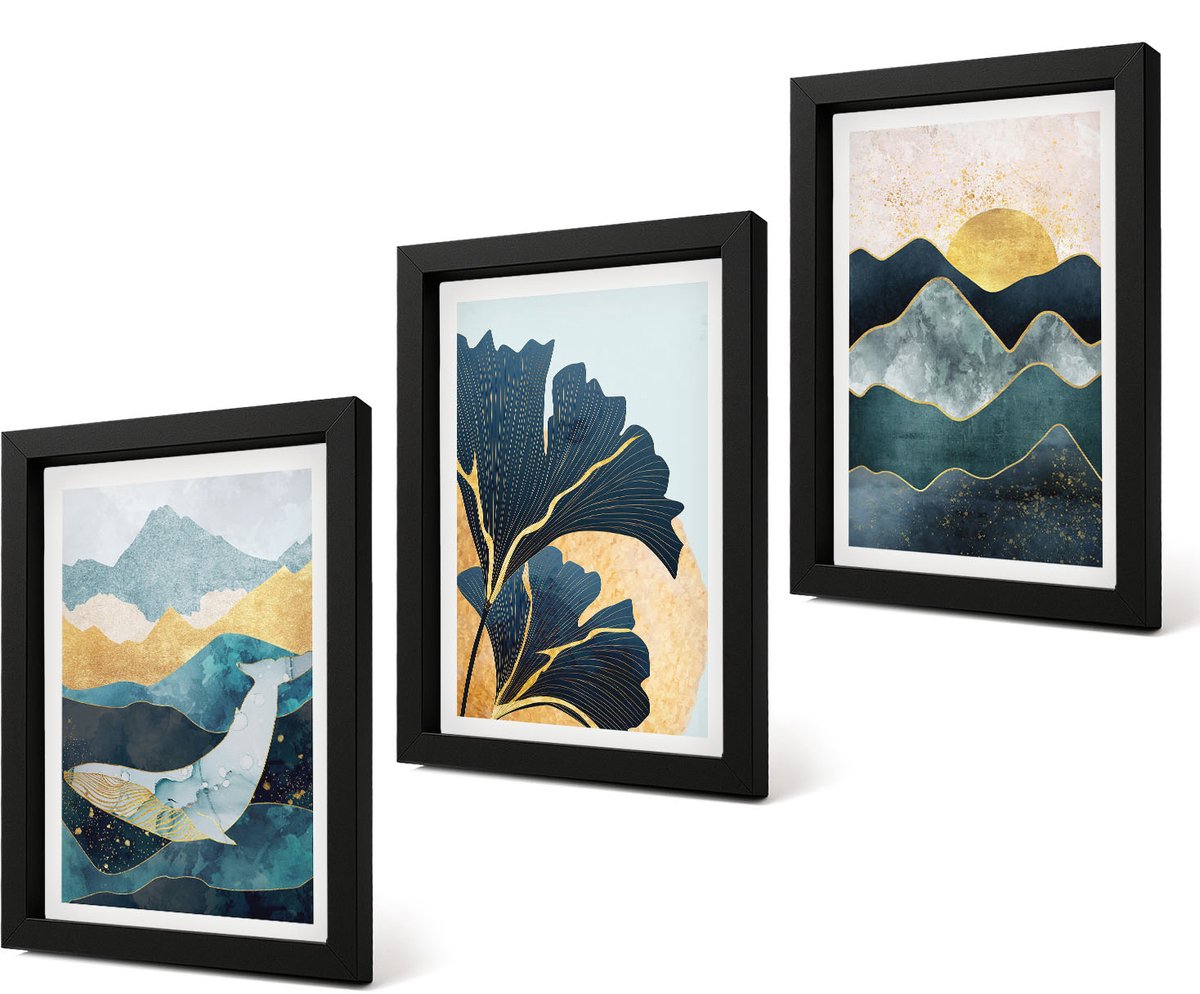 Coloray 4-Delige Schilderij Set - Abstracte esthetische vergezichten met bergen en planten - 20 x 30 cm - Muurdecoratie - Interieur Decoratie - Stijlvolle Muurdecoratie