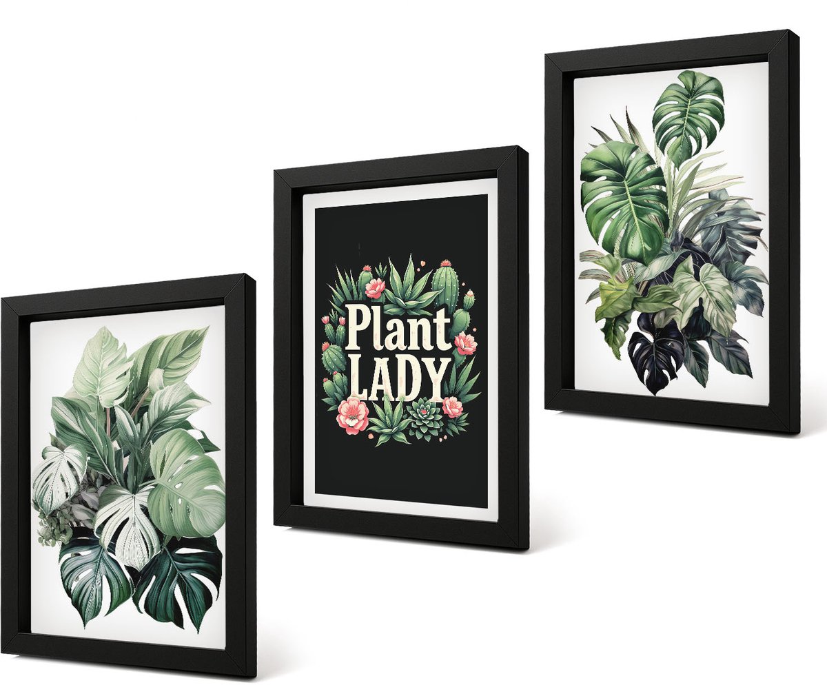 Coloray 4-Delige Schilderij Set - Tropische planten met het opschrift 'Plant Lady' in het groen. - 20 x 30 cm - Muurdecoratie - Wanddecoratie - Hal