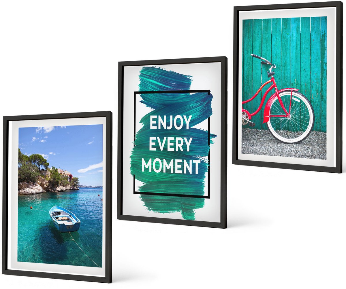 Coloray 3-Delige Schilderij Set - Zeezicht Met Boot En Fiets, Inspirerende Belettering - 40 x 60 cm - Decoratieve Muurdecoratie - Slaapkamer - Stijlvolle Muurdecoratie