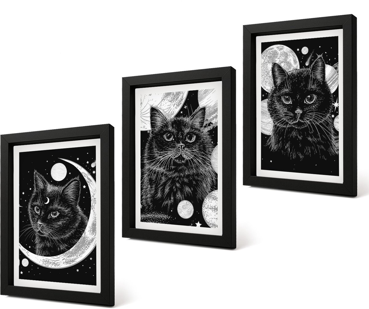 Coloray 4-Delige Schilderij Set - Zwarte katten tegen de achtergrond van de maan en planeten in de ruimte. - 20 x 30 cm - Wanddecoratie - Schilderijen Set - Kantoor