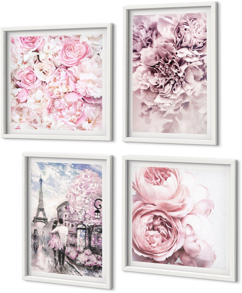 Coloray 4-Delige Schilderij Set - Bloemen In Verschillende Tinten Roze, Romantisch Landschap - 40 x 40 En 40 x 60 - Stijlvolle Wanddecoratie - Interieur - Decoratieve Schilderijen