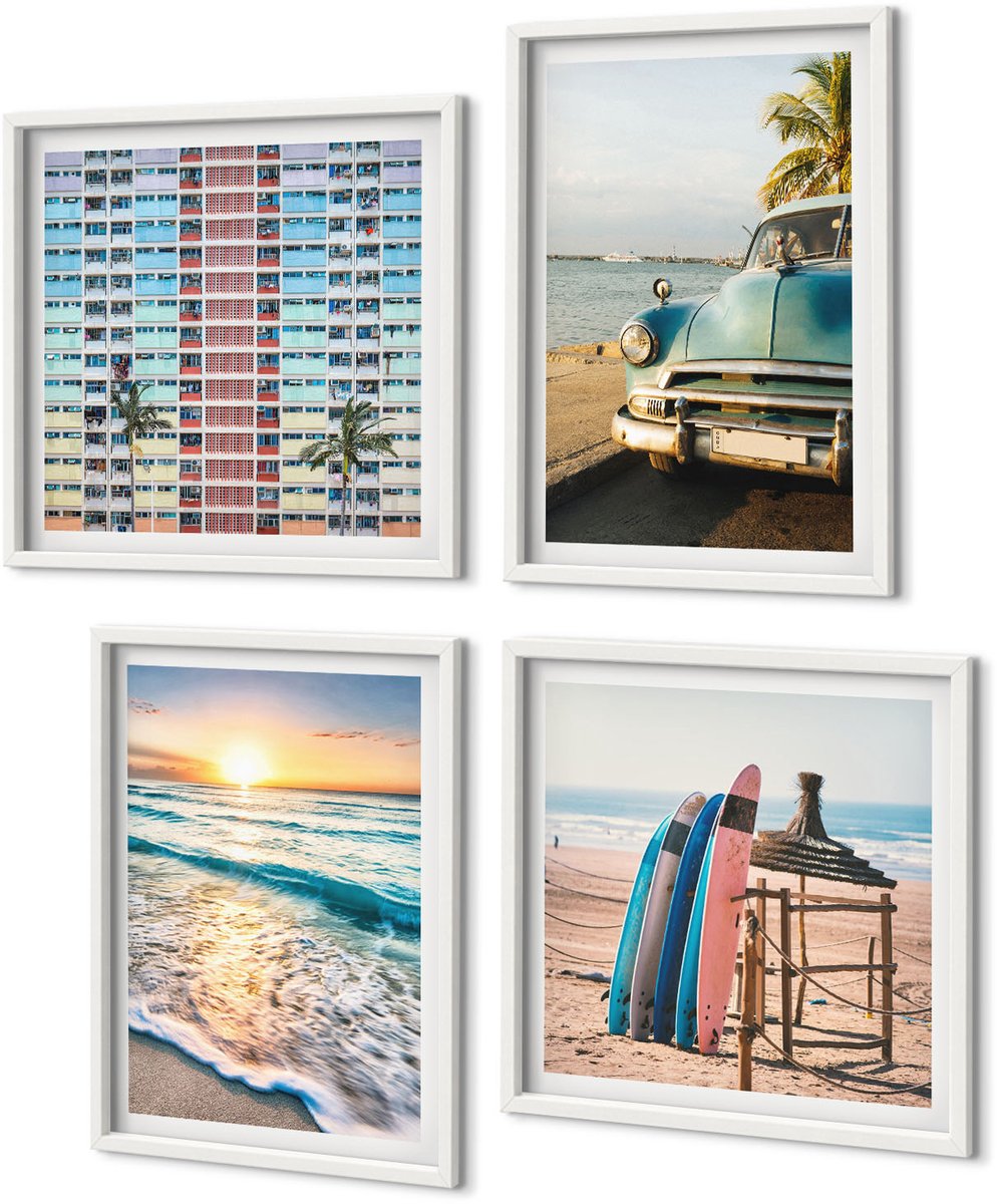 Coloray 4-Delige Schilderij Set - Vakantie In Miami Met Uitzicht Op De Zonsondergang En Zee - 40 x 40 En 40 x 60 - Wanddecoratie - Schilderijen Set - Kantoor - Muurdecoratie