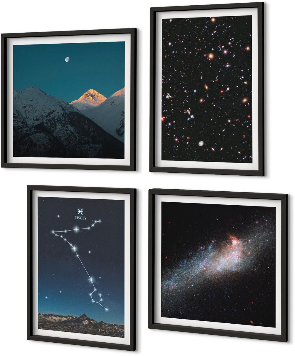 Coloray 4-Delige Schilderij Set - Ruimtelandschappen Met Het Sterrenbeeld Vissen En Bergen - 40 x 40 cm En 40 x 60 cm - Muurdecoratie - Interieur Decoratie - Decoratieve Schilderijen Zwarte lijst