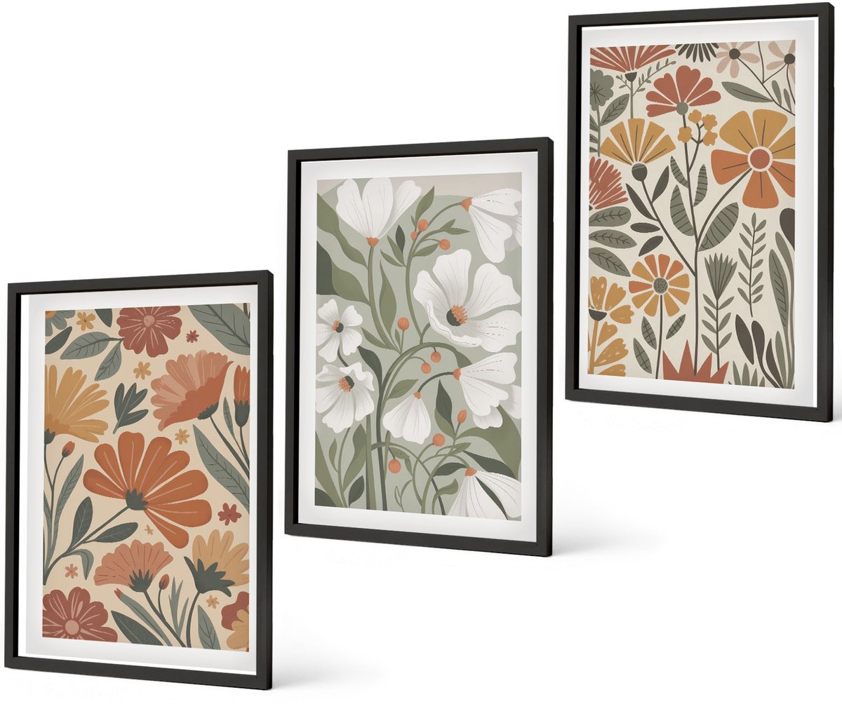 Coloray 3-Delige Schilderij Set - Bloemenpatronen In Oranje En Groene Tinten. - 40 x 60 cm - Stijlvolle Muurdecoratie - Kantoor