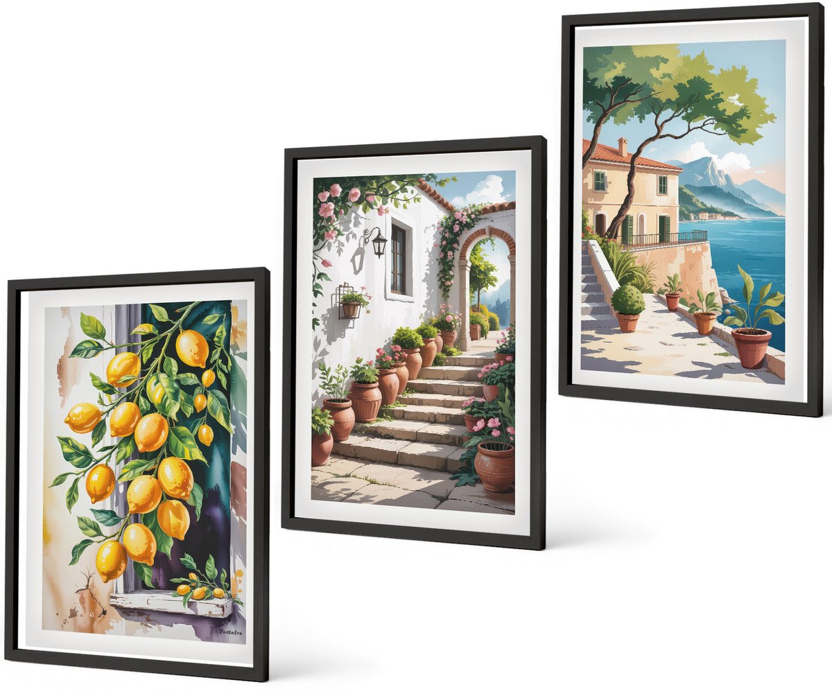 Coloray 3-Delige Schilderij Set - Citroenen Tegen Een Achtergrond Van Bloemen En Uitzicht Op Zee. - 40 x 60 cm - Stijlvolle Muurdecoratie - Kantoor - Moderne Wanddecoratie