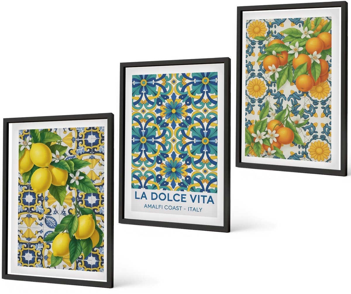 Coloray 3-Delige Schilderij Set - Citroenen, Bloemen En Sinaasappels In Italiaanse Stijl - 40 x 60 cm - Moderne Wanddecoratie - Woonkamer - Muurdecoratie