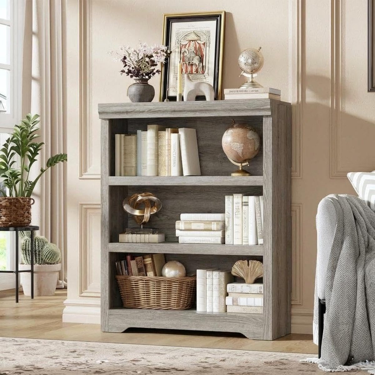 Vintage Boekenkast 3 Lagen - 80x29.5x100cm - Verstelbare Planken - Kantelbeveiliging - Open Opbergkast - Voor Woonkamer Kantoor - Grijs