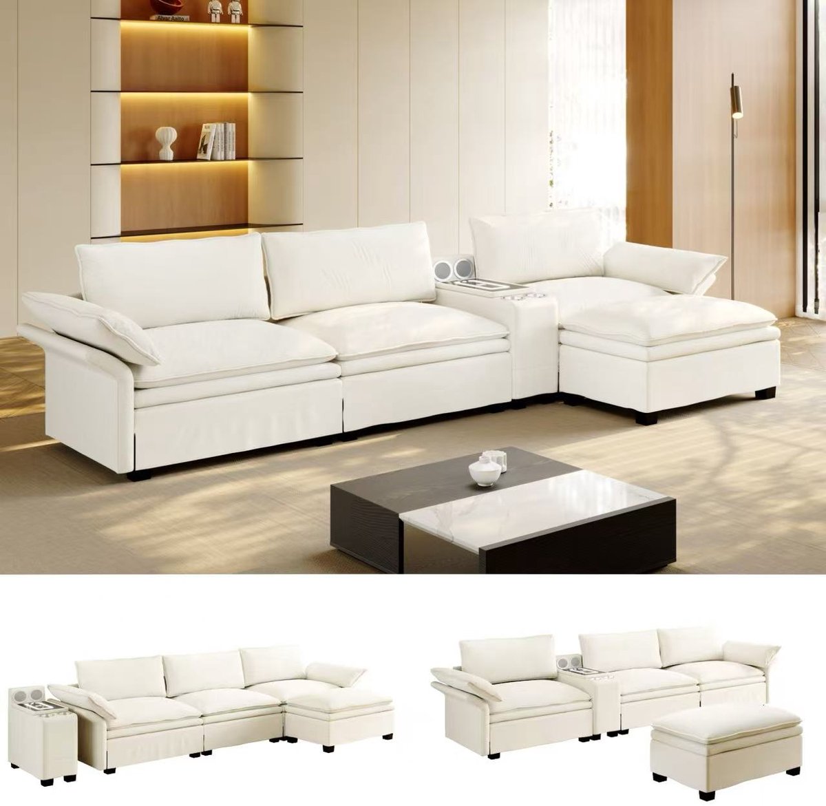 Modulaire L-vormige hoekbank - 315 cm breed met ottoman - 4 zitplaatsen - Beige/Wit - Draadloos laden en blauwtooth speaker - Sfeerverlichting en opbergruimte - Verstelbare armleuningen
