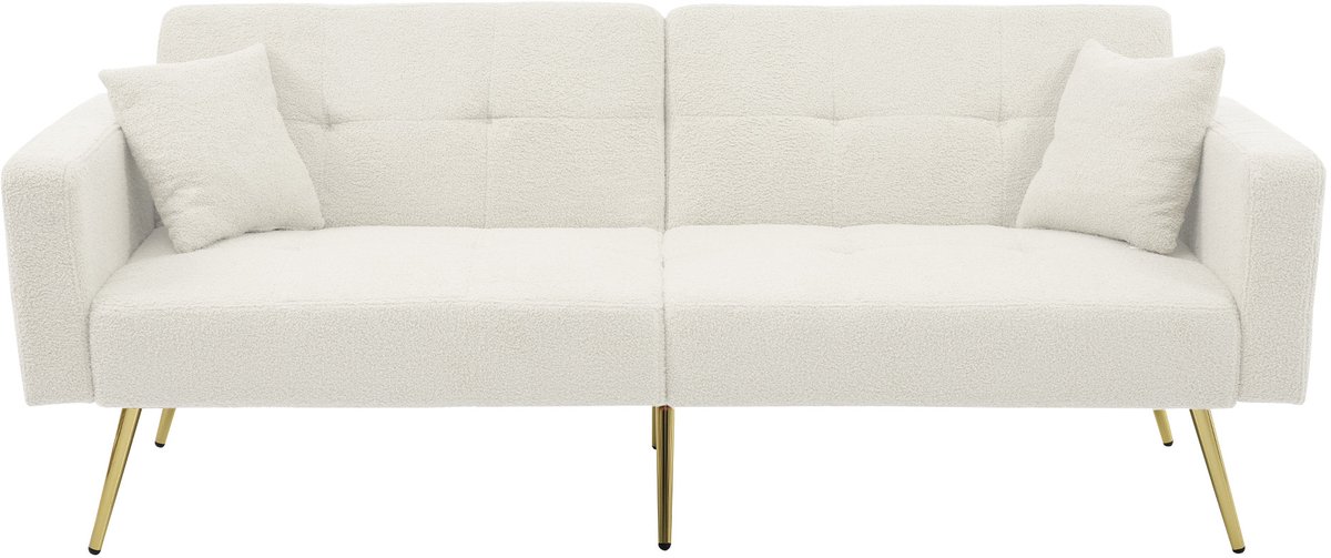 Lamsvacht slaapsofa met gouden poten - verstelbare rugleuning - 1-2 personen - crème wit - opbergvakken in armleuningen - massief houten frame