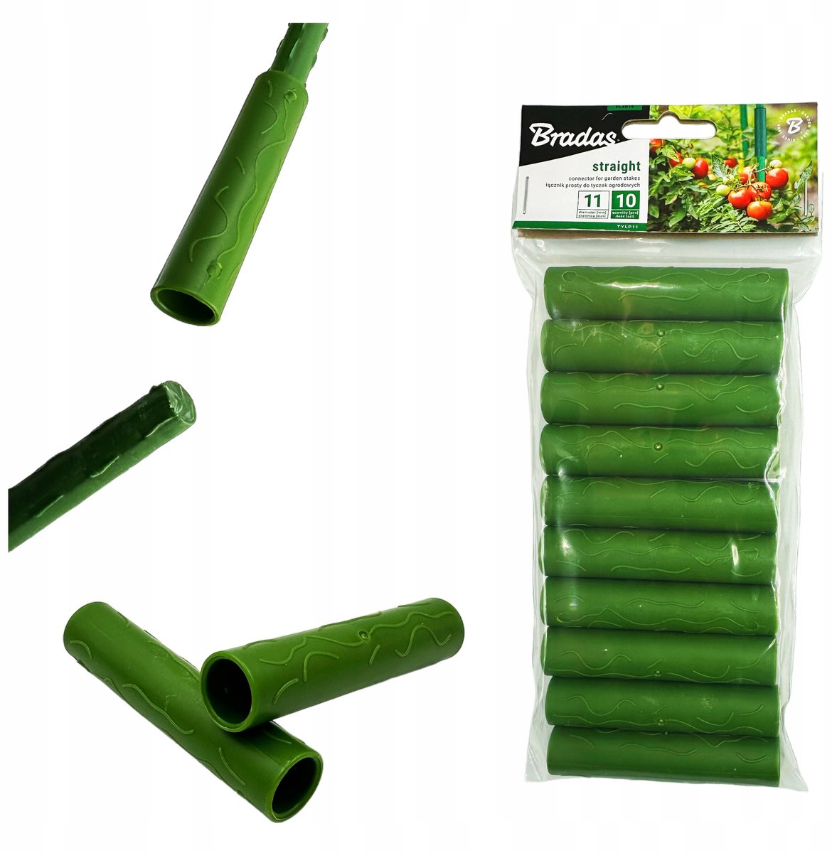 Set van 10 Rechte Koppelingen voor Metalen Stokken 11mm Groen