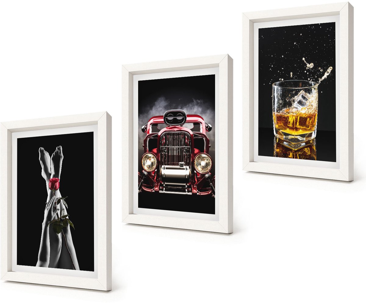 Coloray 3-Delige Schilderij Set - Vrouwenbenen met roos, oude auto, glas whisky - 20x30 - Stijlvolle Muurdecoratie - Slaapkamer