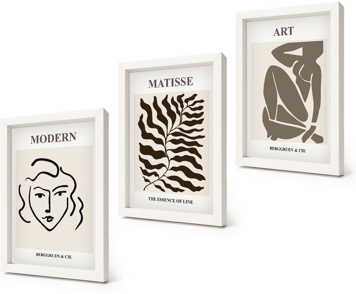 Coloray 3-Delige Schilderij Set - Stijlvolle afbeeldingen met lijnen en figuren in neutrale kleuren. - 20x30 - Wanddecoratie - Muurdecoratie - Woonkamer