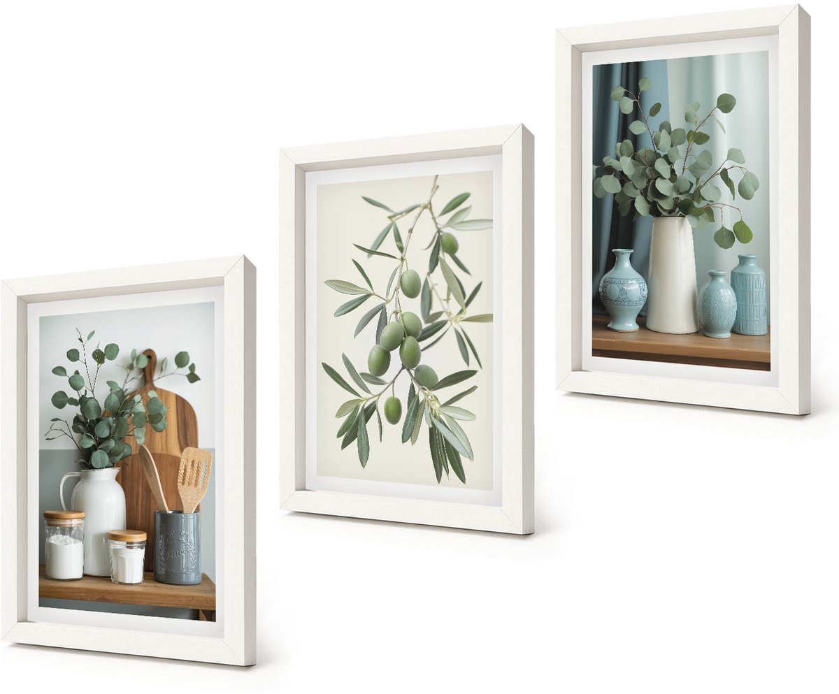 Coloray 3-Delige Schilderij Set - Esthetisch aantrekkelijke combinatie van groene olijven en eucalyptustakken - 20x30 - Muurdecoratie - Wanddecoratie - Hal - Moderne Wanddecoratie